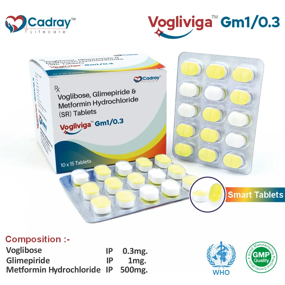 Glimepiride 1mg + Voglibose 0.3mg + Metformin 500mg Tablet | Antidiabetic Segment | Best Price for PCD Pharma Franchise